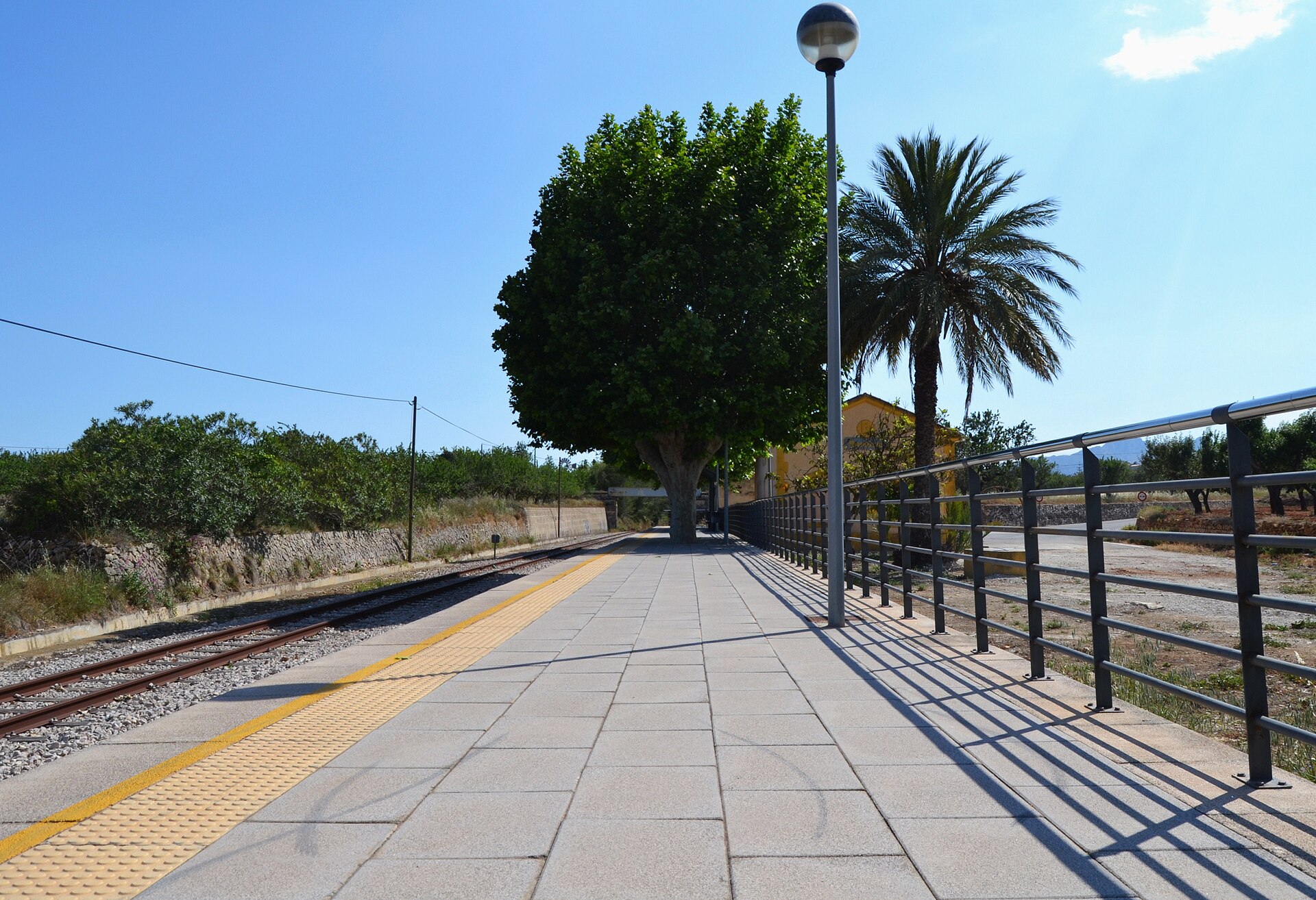 Andana de l'estació de Benissa amb palmera i barana