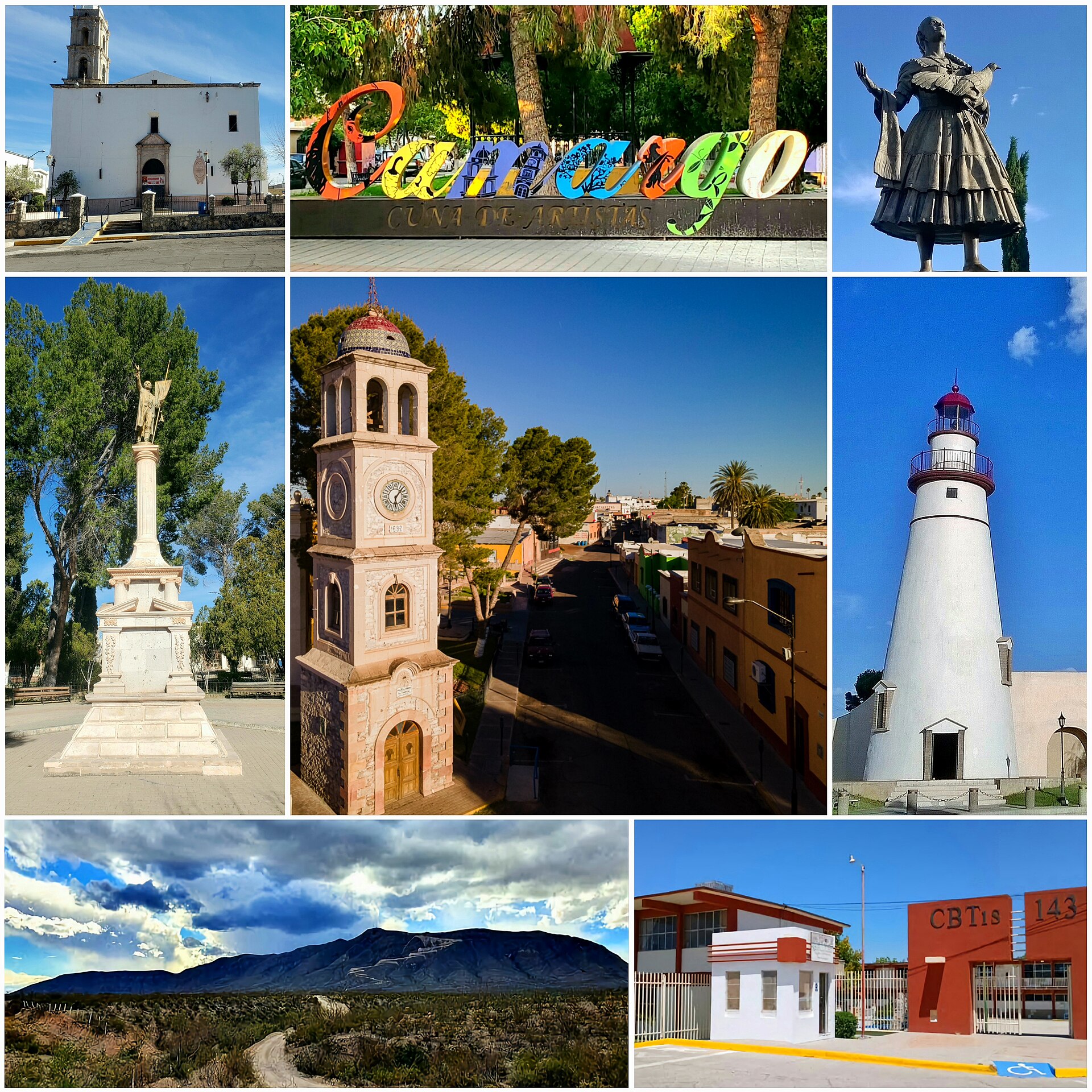 Montaje con varios lugares de Santa Rosalía de Camargo (calles, monumento y paisaje)